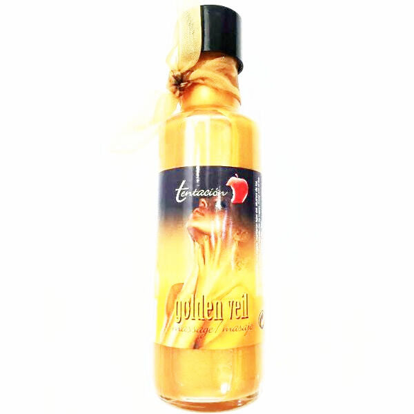 Olio per massaggi Tentacion Golden Veil, bottiglia da 100 ml con etichetta dorata e tappo nero, ideale per massaggi rilassanti.