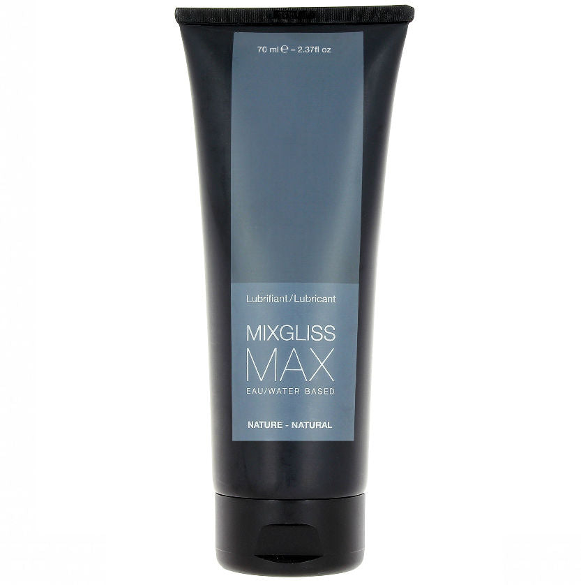 Lubrificante anale MIXGLISS Max Naturale a base d'acqua, flacone da 70 ml, viscoso e trasparente, con etichetta sul davanti.