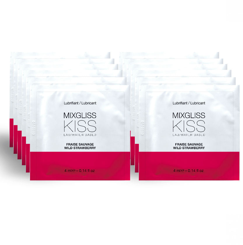 Lubrificante a base acqua MIXGLISS gusto fragola, 12 monodose da 4 ml, confezione con singole dosi per uso personale.