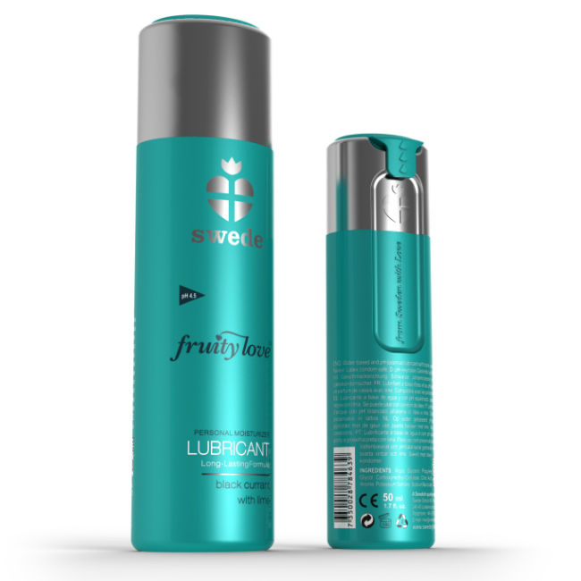 Lubrificante SWEDE Fruity Love con ribes nero e lime, bottiglia da 100 ml con etichetta colorata e design attraente.