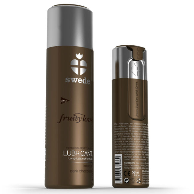 Lubrificante alla cioccolato fondente SWEDE Fruity Love, bottiglia da 100 ml con etichetta colorata e design elegante