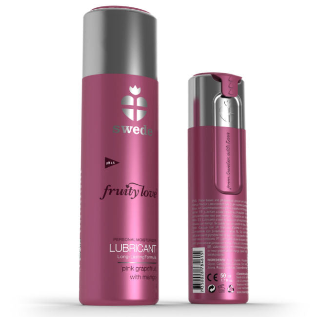 Lubrificante SWEDE Fruity Love con pompelmo rosa e mango, bottiglia da 100 ml, vista dall'alto con etichetta colorata.