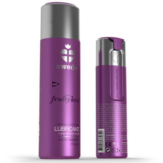 Lubrificante SWEDE Fruity Love con aroma di lampone e rabarbaro, bottiglia da 100 ml, liquido trasparente e delicato.