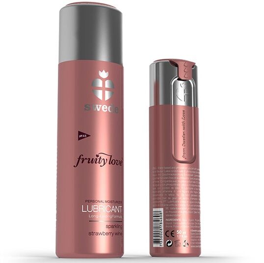 Lubrificante alla fragola e vino Swede Fruity Love in flacone da 100 ml, contenitore con etichetta colorata e dettagli del prodotto