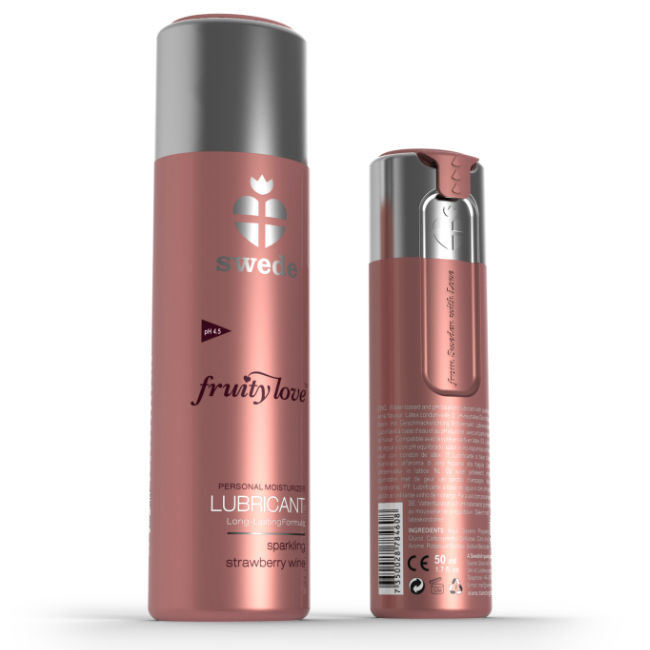 Lubrificante SWEDE Fruity Love alla fragola e vino, bottiglia da 50 ml, con etichetta colorata e dettagli del prodotto.