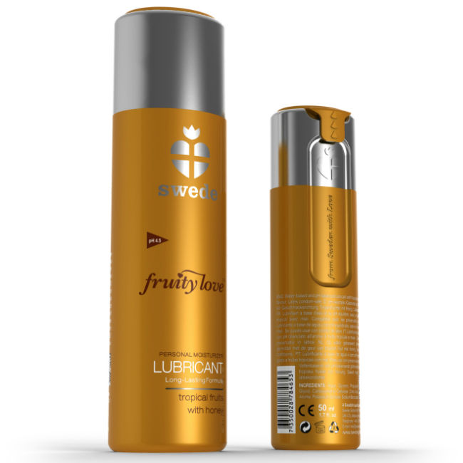 Lubrificante SWEDE Fruity Love con aroma di miele di frutta tropicale, bottiglia da 50 ml, liquido trasparente e naturale.