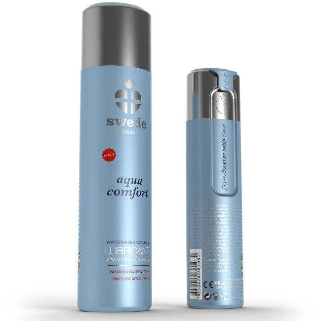 Lubrificante originale SWEDE Aqua Comfort da 60 ml, flacone con etichetta blu e tubo di plastica, immagine del prodotto.