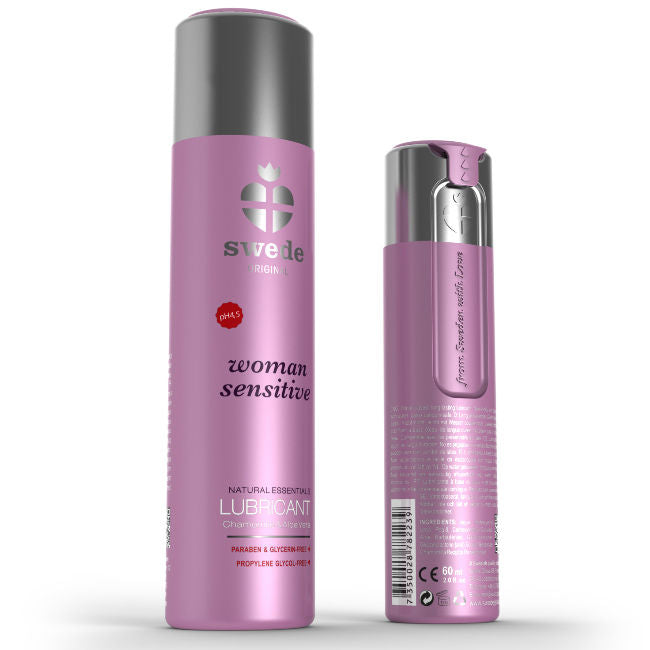 Lubrificante donna sensibile SweDe Original, 120 ml, bottiglia con etichetta bianca e rosa, visibile immagine del prodotto.