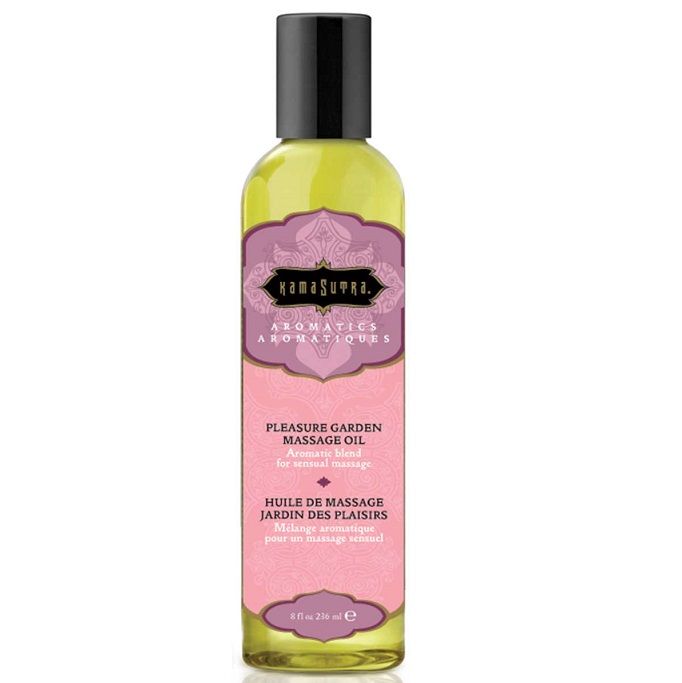 Olio da massaggio Kamasutra Giardino del Piacere, bottiglia da 236ml con olio sensuale e idratante, marca Kamasutra Cosmetics