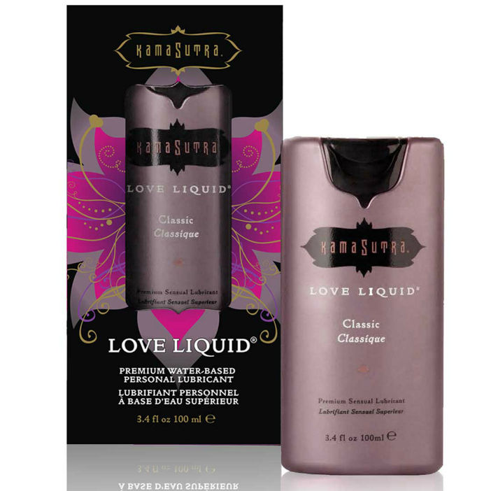 Lubrificante liquido Love Kamasutra Cosmetics in flacone da 100ml, contenuto trasparente e design elegante.