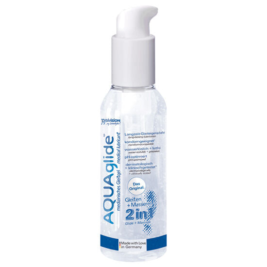 Gel lubrificante JOYDIVISION AQUAGLIDE Massaggi 2 in 1, bottiglia da 125ml con etichetta blu e tappo bianco.