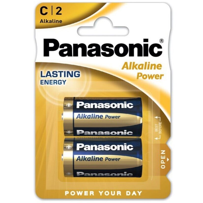 Batterie Panasonic LR14 in bronzo, due unità, compatibili con dispositivi elettronici, visibile in immagine.
