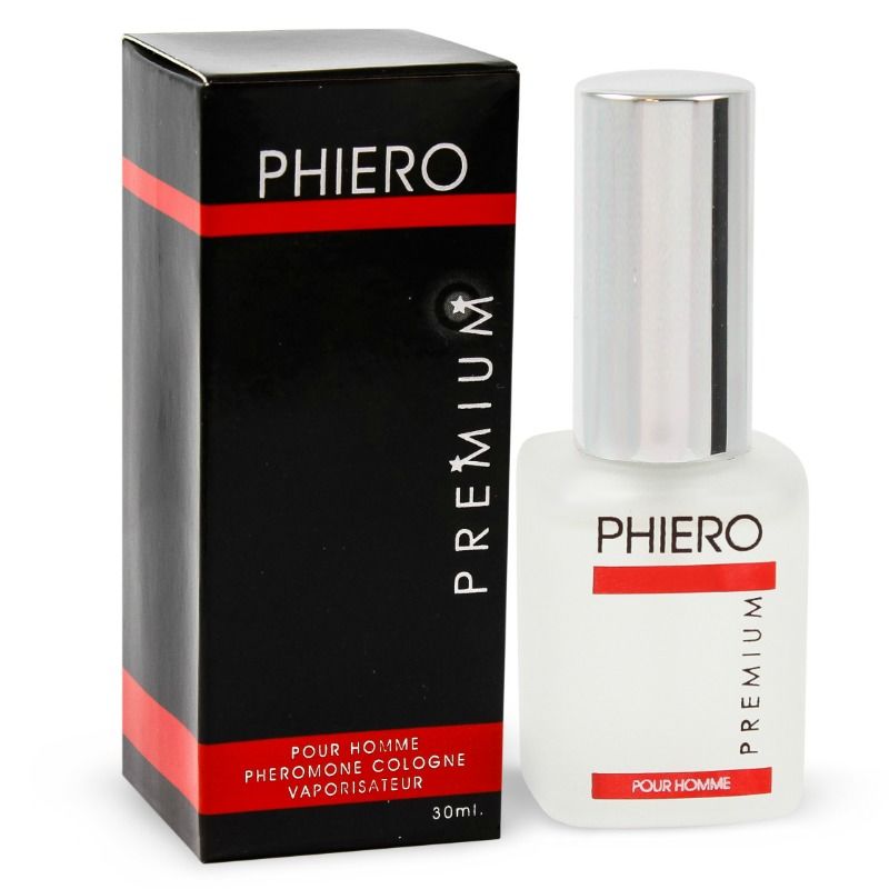 Profumo maschile 500COSMETICS Phiero Premium con feromoni, bottiglia elegante e dettagliata da vista frontale.