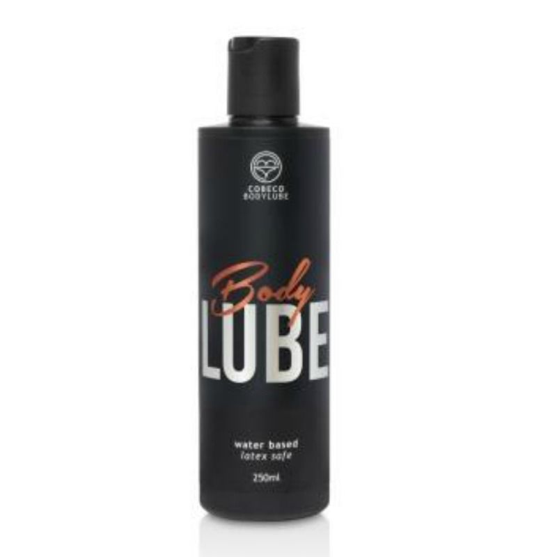 Lubrificante a base d'acqua COBECO BodyLube, sicuro per il lattice, in bottiglia da 250 ml, mostra il flacone con etichetta.