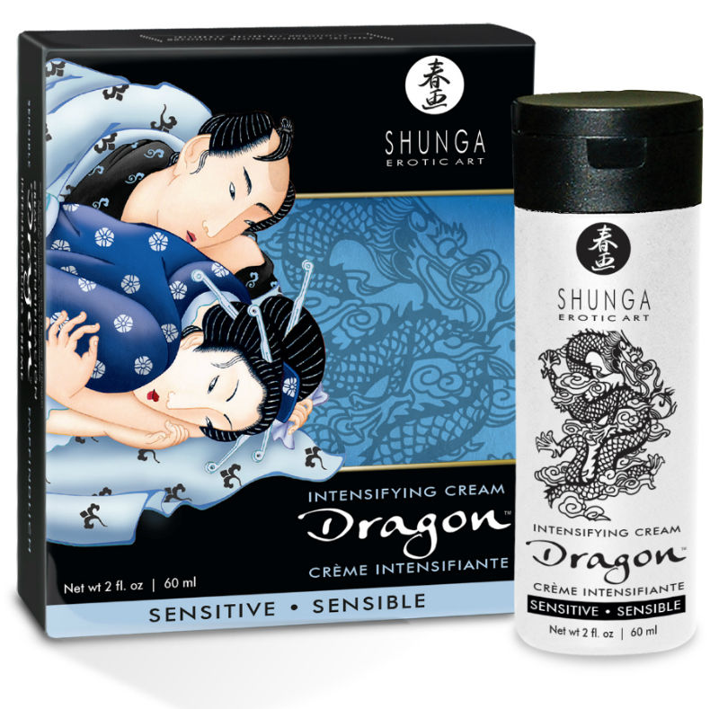 Crema Dragon Sensitive per coppia, prodotto SHUNGA APHRODISIACS, con tubo bianco e etichetta decorativa, in primo piano.