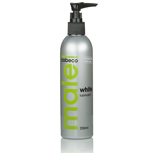 Lubrificante bianco maschio COBECO da 250 ml, bottiglia con etichetta blu e bianca, mostra il prodotto pronto all'uso.
