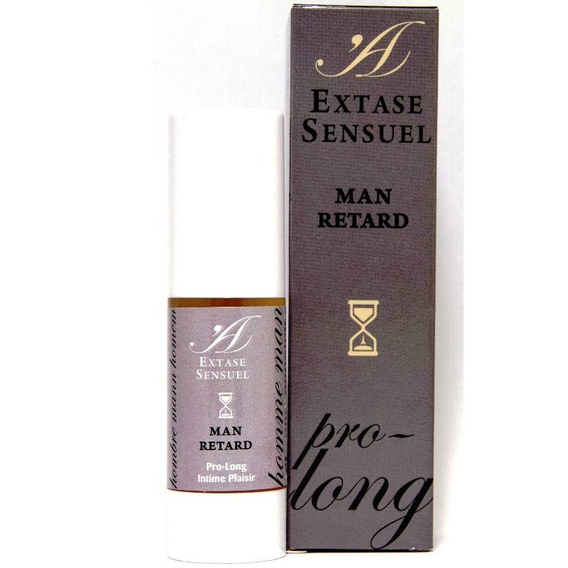 Gel ritardante uomo Extase Sensual, flacone con etichetta blu e bianca, mostra la texture del prodotto e il packaging.