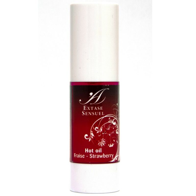Olio calore stimolante alla fragola EXTASE SENSUAL, bottiglia da 30 ml con etichetta colorata e flacone con contagocce.