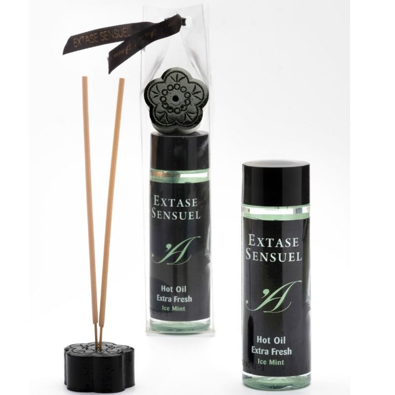 Olio da massaggio EXTASE SENSUAL con effetto ghiaccio extra fresco, 100 ml, bottiglia trasparente con etichetta blu e tappo.