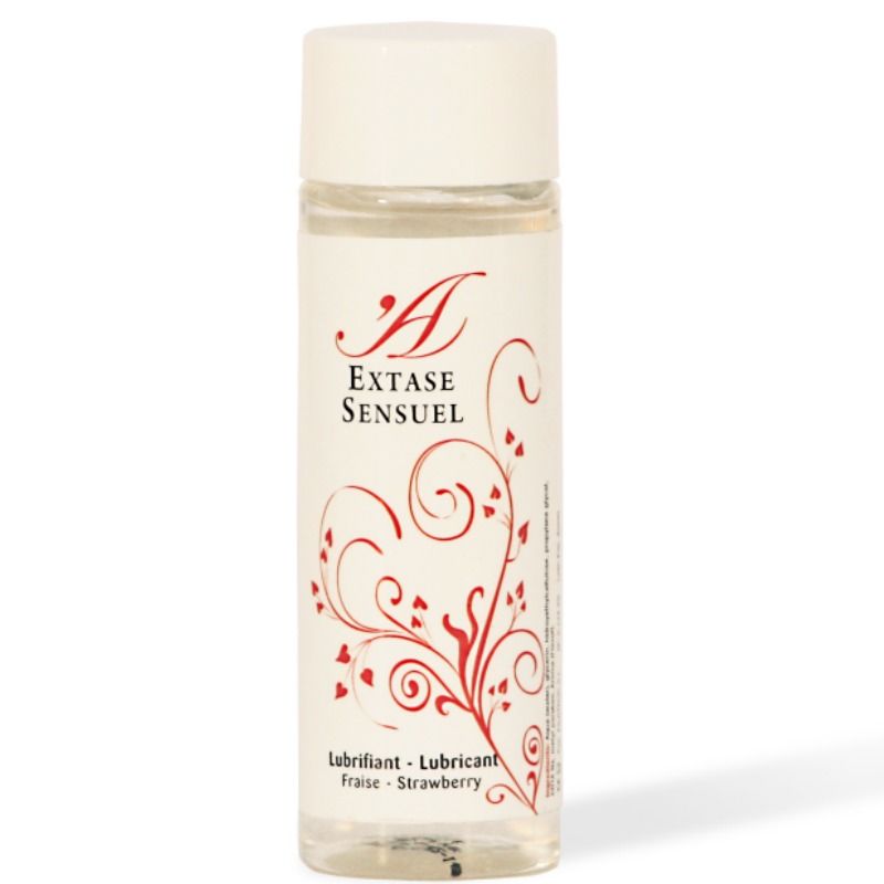 Lubrificante alla fragola Extase Sensual in flacone da 100 ml, bottiglia trasparente con etichetta rossa e aroma fruttato.