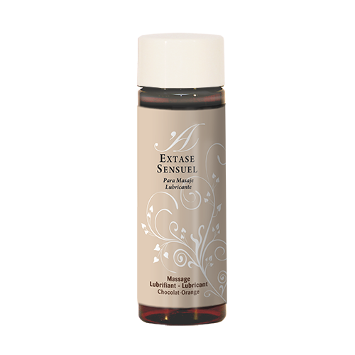 Lubrificante al cioccolato e arancia EXTASE SENSUAL, bottiglia da 100 ml, con etichetta colorata e design elegante.
