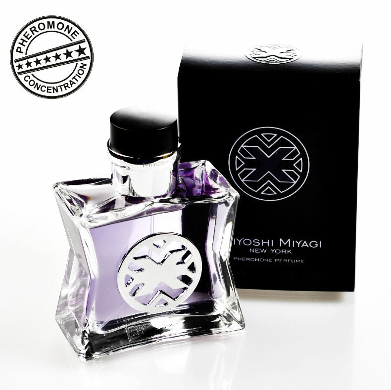 Profumo Miyoshi Miyagi New York Feromonas Uomo, flacone da 80ml con etichetta elegante e design moderno.