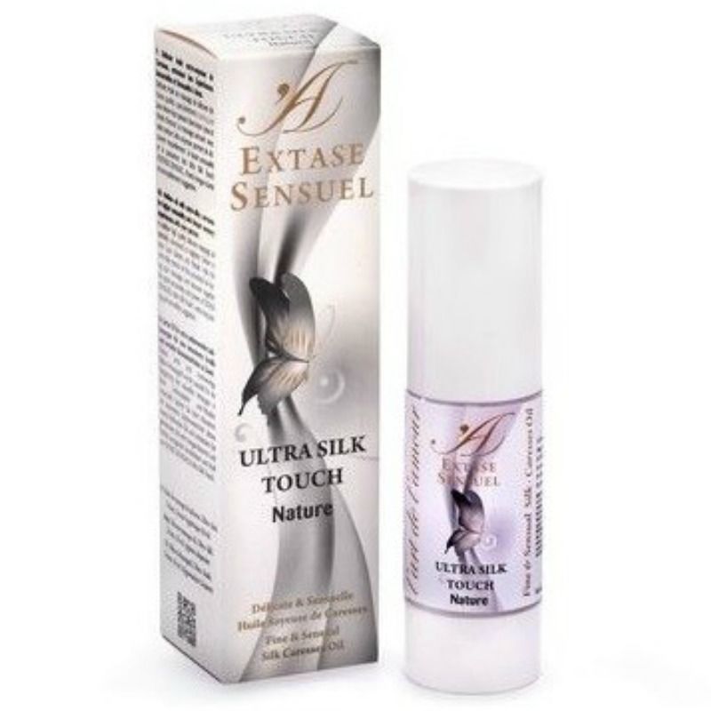 Olio sensuale naturale EXTASE SENSUAL Ultra Seta Touch, bottiglia elegante con etichetta bianca e dettagli dorati, ideale per la cura del corpo