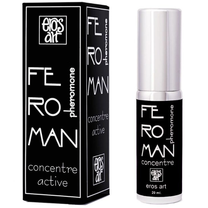 Profumo concentrato ai feromoni EROS-ART, flacone da 20 ml con etichetta blu e tappo nero, visibile in primo piano