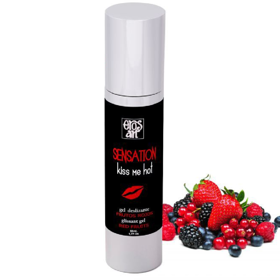 Lubrificante naturale EROS-ART Sensation ai frutti rossi, 50 ml, bottiglia con etichetta colorata e dettagli di frutti rossi.