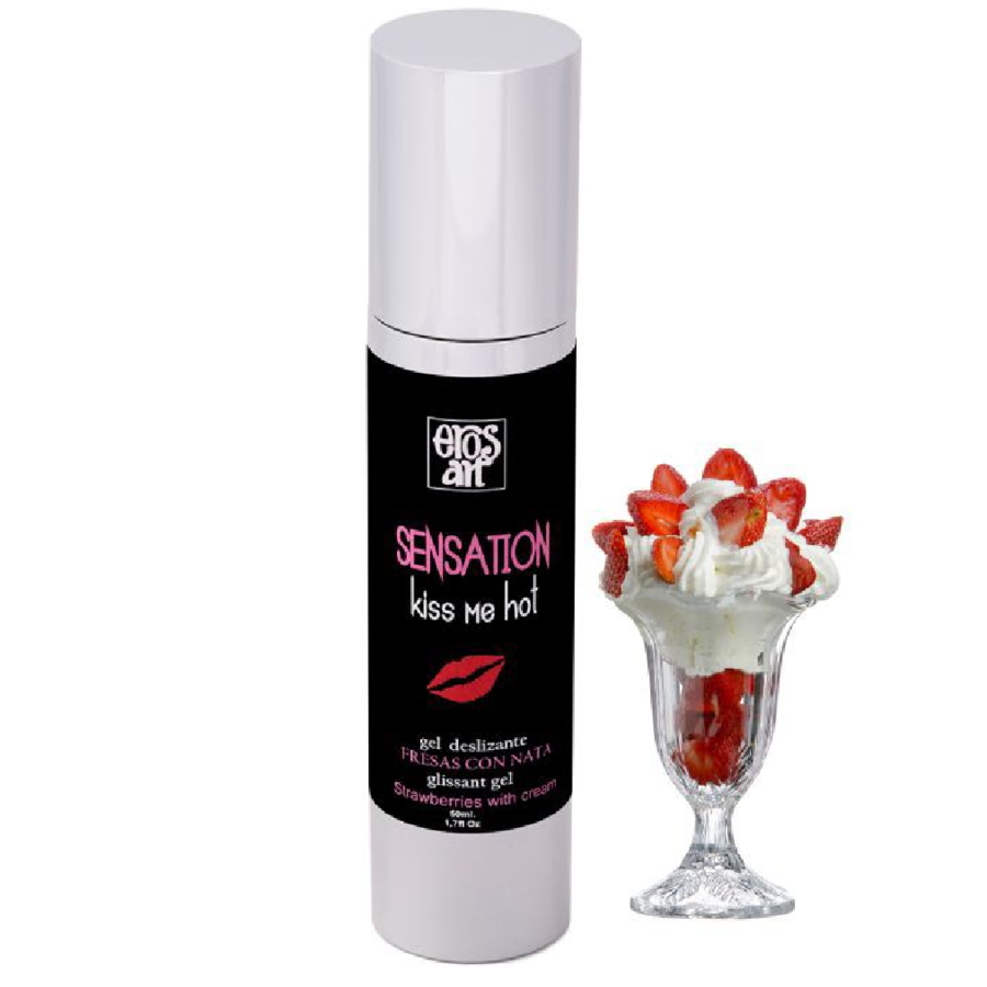 Lubrificante naturale EROS-ART Sensation con fragola e crema, flacone da 50 ml, dettaglio della confezione e etichetta.