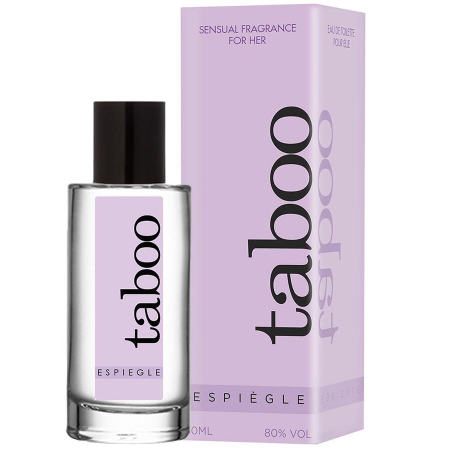 Profumo Taboo Espiegle ai feromoni per lei della marca RUF, bottiglia elegante con etichetta distintiva, visibile in dettaglio