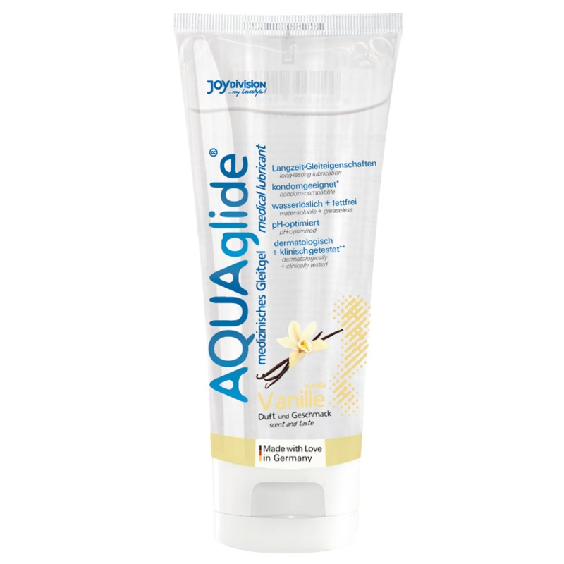 Lubrificante a base acqua JOYDIVISION AQUAGLIDE Vaniglia da 100 ml, bottiglia con etichetta blu e bianca, visibile in primo piano.