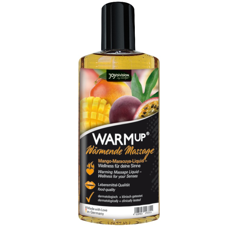 Olio da massaggio riscaldante JOYDIVISION AQUAGLIDE Mango e Maracuja, 150 ml, in bottiglia con etichetta colorata