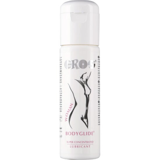 Lubrificante donna EROS BODYGLIDE silicone superconcentrato da 100 ml, bottiglia con etichetta bianca e blu, mostra il prodotto.