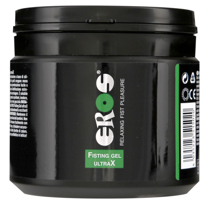Gel lubrificante relaxante EROS CLASSIC LINE per anale, flacone da 500 ml con etichetta bianca e dettagli blu.