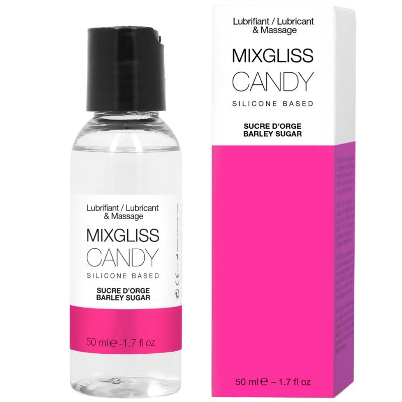 Lubrificante al silicone MIXGLISS Candy da 50 ml, bottiglia con etichetta colorata e tappo nero, ideale per uso personale.