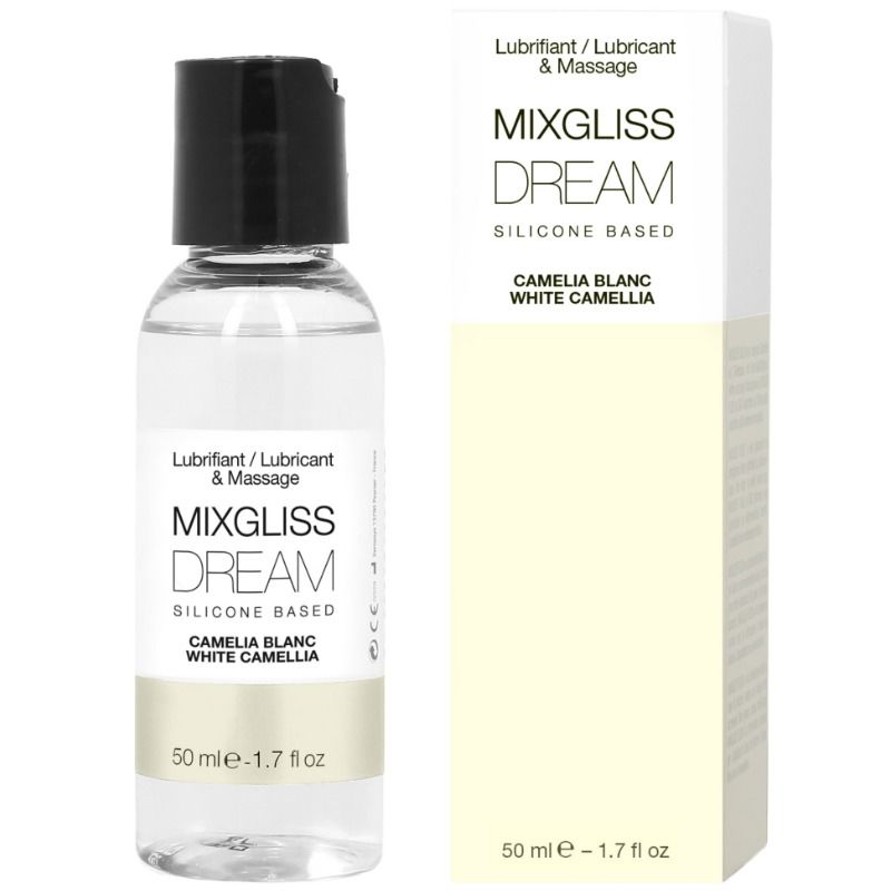 Lubrificante in silicone Dream White Camelia di Mixgliss, flacone da 50 ml, con etichetta con logo e dettagli del prodotto