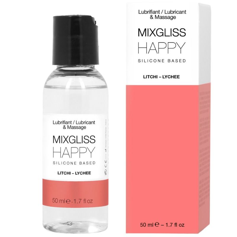 Lubrificante silicone Mixgliss Happy Litchi da 50 ml, bottiglia con etichetta colorata e tappo nero.