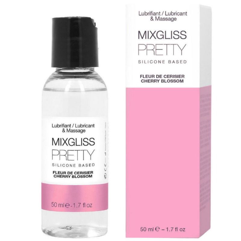Lubrificante al silicone MIXGLISS Pretty Fiore di Ciliegio, flacone da 50 ml, con etichetta colorata e dettagli floreali.