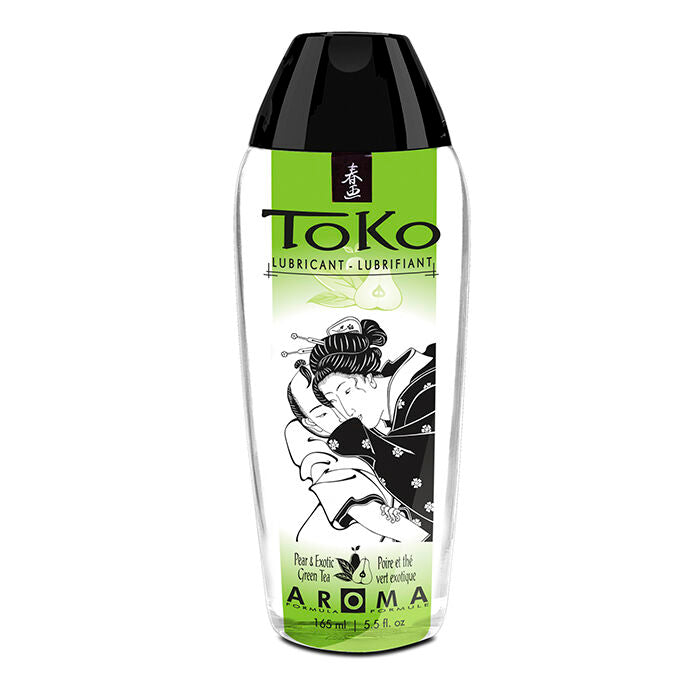 Lubrificante aromatizzato SHUNGA Toko con profumo di pera e tè verde, in confezione da immagine chiara e elegante.