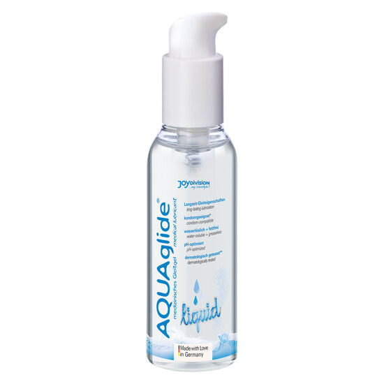 Lubrificante liquido a base acqua JoyDivision Aquaglide in una singola confezione da 125 ml, visibile nella confezione.