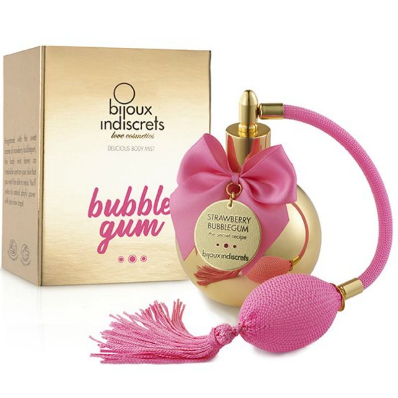 Spray corpo Bubble Gum alla fragola BIJOUX LOVE COSMETIQUES, bottiglia da 100 ml con etichetta colorata e design attraente