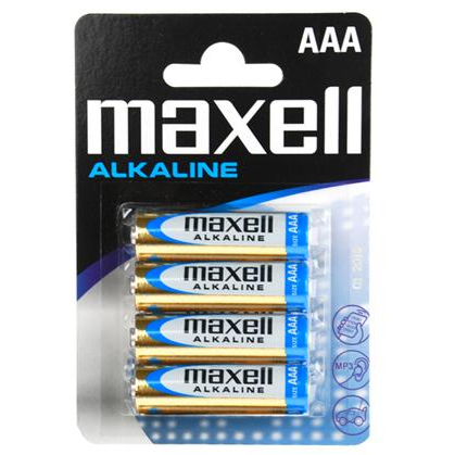 Batterie AAA MAXELL, confezione da 4 pezzi, viste in primo piano, con dettagli sulla confezione e marca.