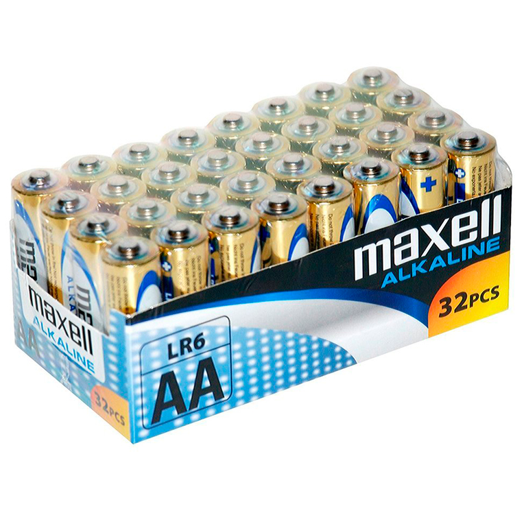 Batterie alcaline AA LR6 Maxell, confezione da 32 pezzi, visibile in questa immagine.