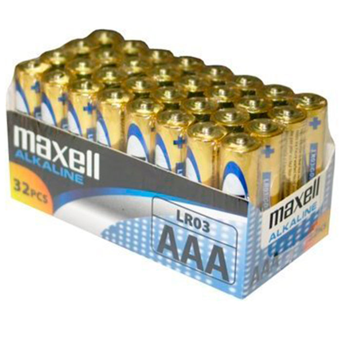 Pacco da 32 batterie AAA LR03 Maxell, batterie alcaline di alta qualità per dispositivi portatili e elettronica domestica.
