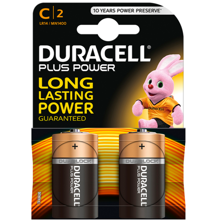 Due batterie Duracell Plus Power C LR14 da due pezzi, visibili nella confezione, ideali per dispositivi portatili.