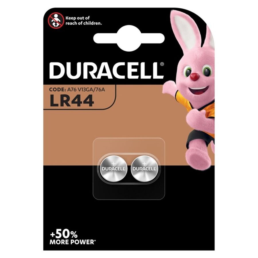 Batterie Duracell LR44 da 1,5V, due unità, ricariche affidabili per dispositivi elettronici portatili.