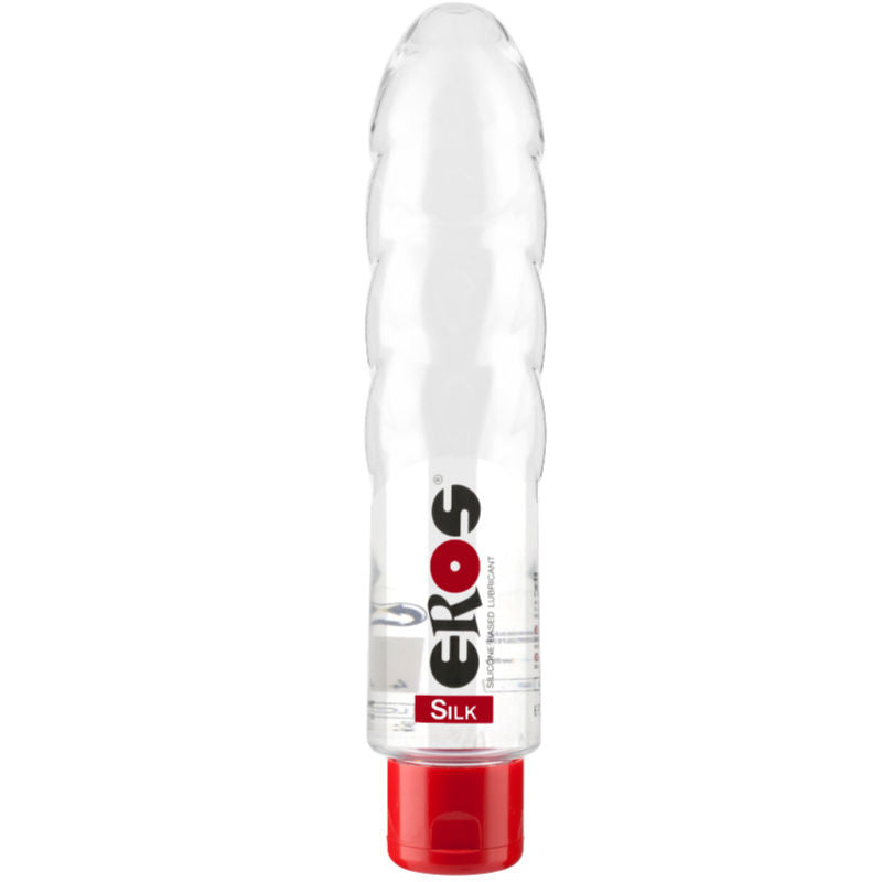 Lubrificante silicone EROS SETA da 175 ml, bottiglia con etichetta blu e accessori, ideale per uso intimo e massaggi.