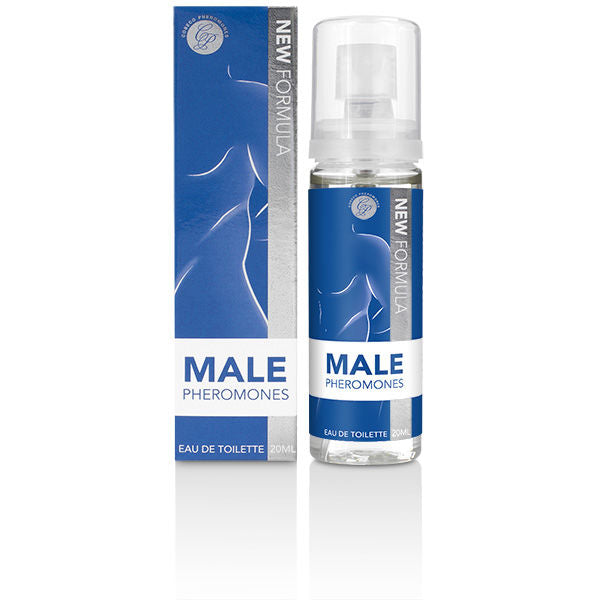 FEROMONI maschili COBECO Eau de Toilette da 20 ml, flacone con spray e etichetta nera, primo piano.