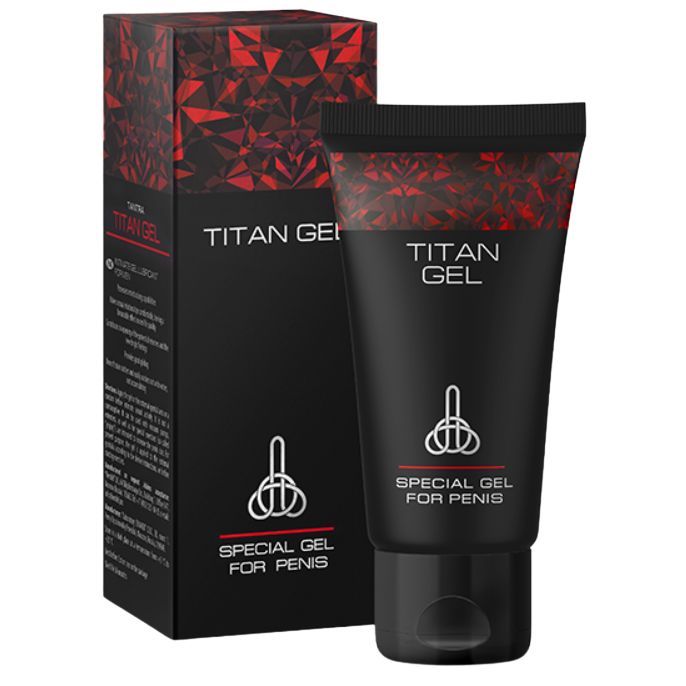 Gel Titan per aumento del pene, flacone da 50 ml, con etichetta e dettagli del prodotto visibili.